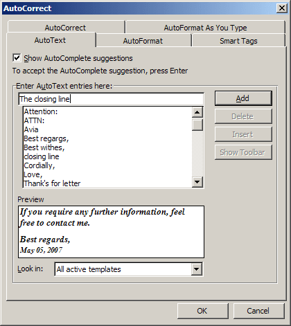 autocorrect in Word 2003