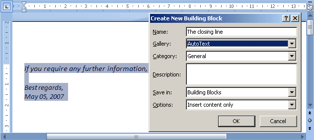Quick Part in Word 2007