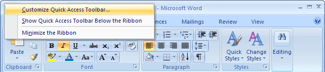 Customize Quick Access Toolbar Word 2007