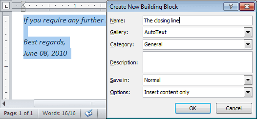 Quick Part in Word 2010
