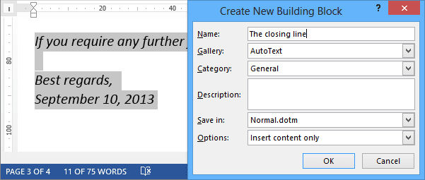 Quick Part in Word 2013