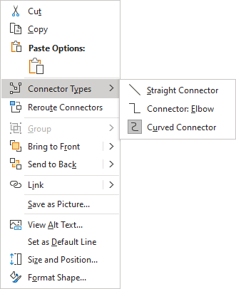 Connector types popup in Excel 365
