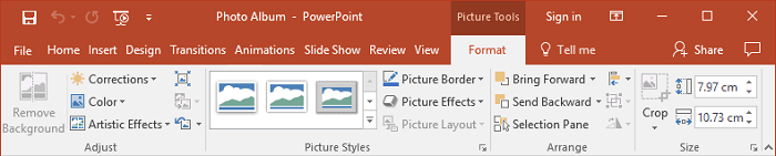 Picture Tools toolbar in PowerPoint 2016