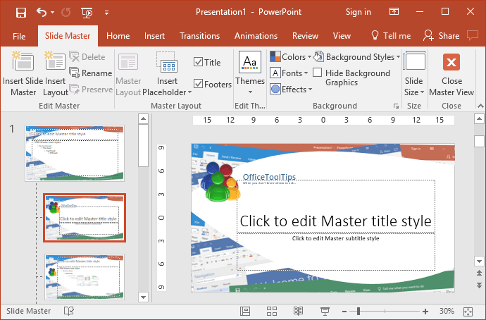 Example of Master slide style in PowerPoint 2016