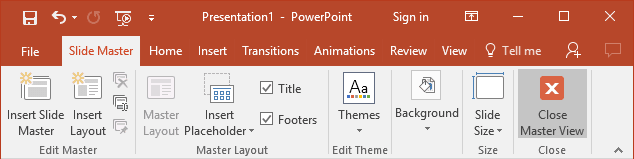 Slide Master toolbar in PowerPoint 2016