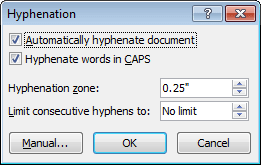 Hyphenation options in Word 2010