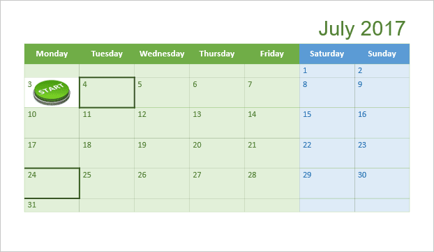 Calendar for one month in PowerPoint 2016