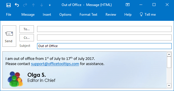 Out of Office message in Outlook 2016