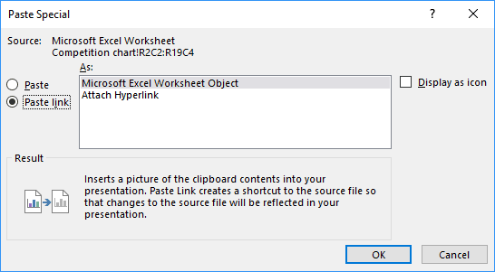Paste special dialog box in PowerPoint 2016
