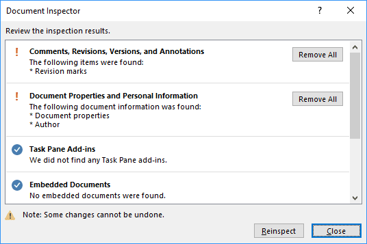 Document Inspect in Office 2016