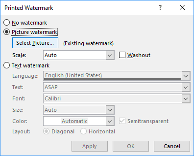 Picture Watermark in Word 2016