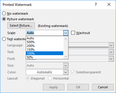 Picture Watermark Scale in Word 2016