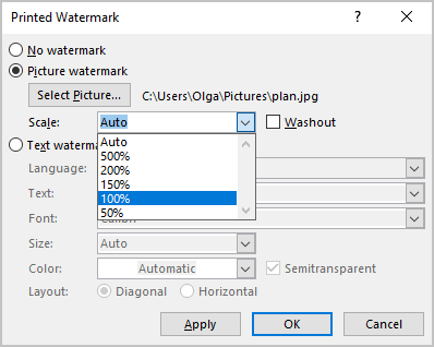Picture Watermark Scale in Word for Microsoft 365