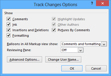 Track Changes advansed options in Word 2013
