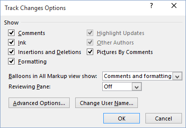 Track Changes advansed options in Word 2016