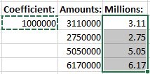 Result: Convert original amounts to convenient amounts in Excel 2016