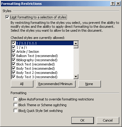 Formatting Restrictions in Word 2007
