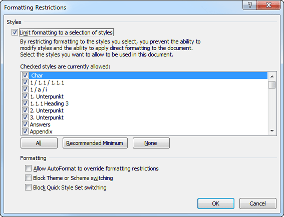 Formatting Restrictions in Word 2010