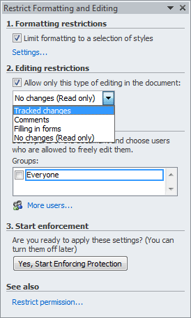 Editing restrictions in Word 2010