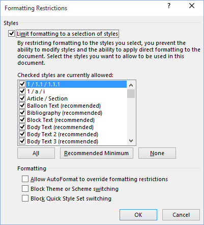 Formatting Restrictions in Word 2016