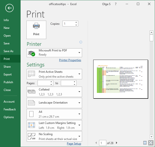 Print options in Excel 2016