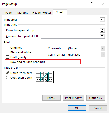 Page Setup Row and column headings in Excel 2016