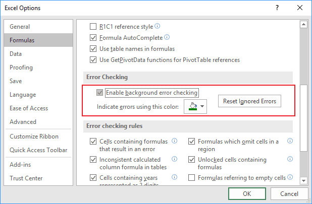 Error checking in Excel 2016