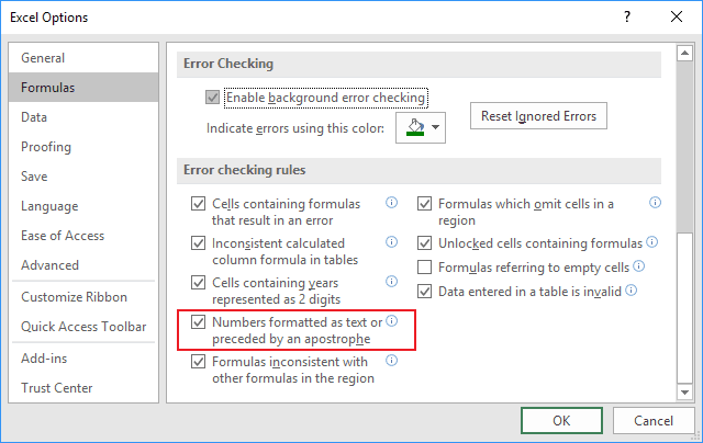 Error checking rules in Excel 2016