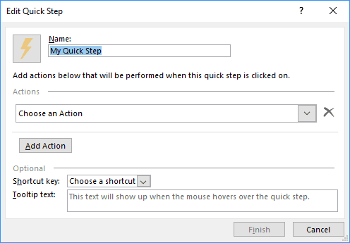 Edit Quick Step dialog box in Outlook 2016