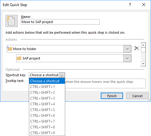 Shortcut key in Edit Quick Step dialog box Outlook 2016