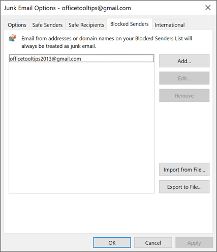 Blocked Senders in Junk E-mail Options dialog box Outlook 365