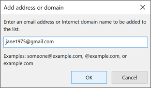Add address or domain dialog box in Outlook 365