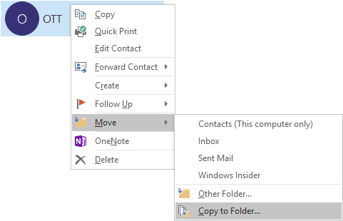 Copy to Folder in Outlook 2016