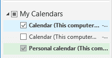 Navigation pane in Calendar view Outlook 2016