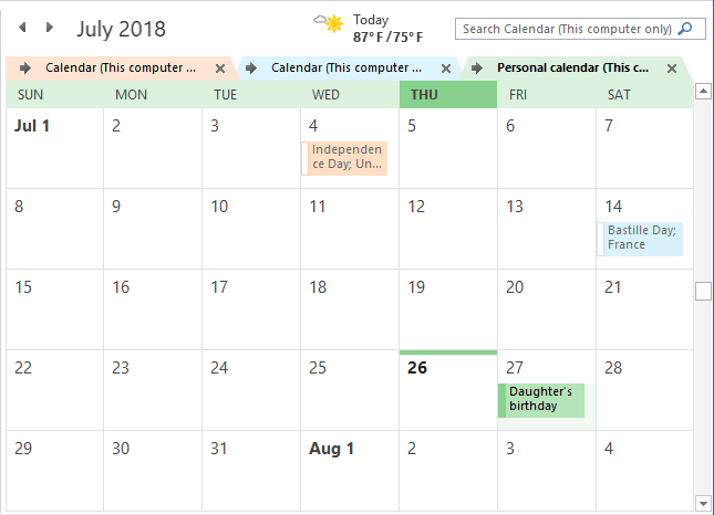 Calendars in one combined view Outlook 2016