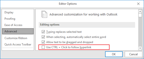Editor Options Outlook 2016