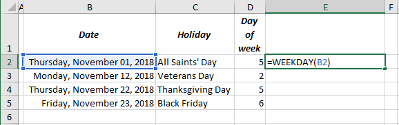 Day of week calculation in Excel 365