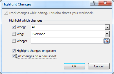 Highlight Changes dialog in Excel 2010