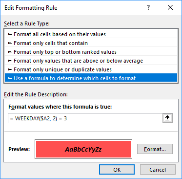 Edit Formatting Rule for Wednesdays in Excel 2016