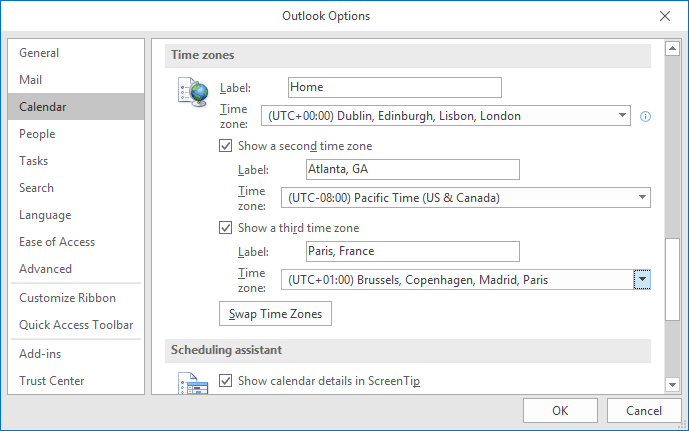 Customize time zones in Outlook 2016