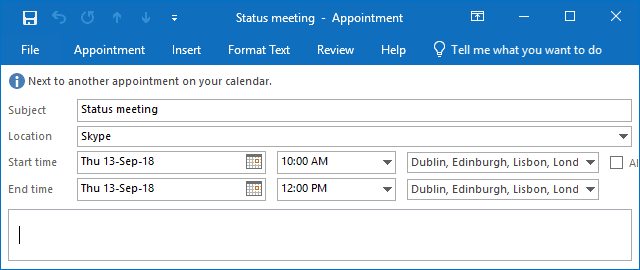 Added Time Zones for a meeting in Outlook 2016