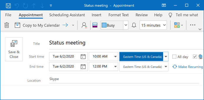 Changed time for a meeting in Outlook 365