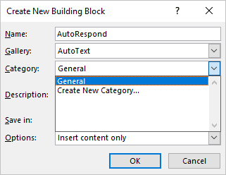 Category in Create New Building Block Outlook 365