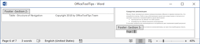 Footers for different sections 2 in Word 2016