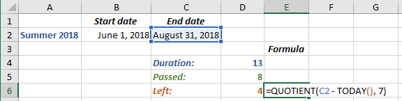 Number of complete weeks left to some date in Excel 365