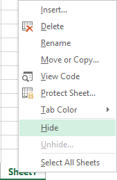 Hide spreadsheet in Excel 2013