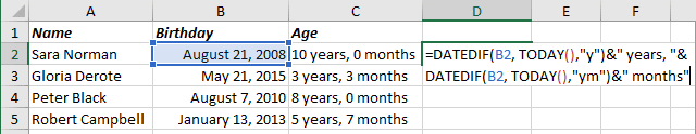 Number of complete years and months in the period in Excel 2016