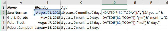 Full number of complete years, months and days in the period in Excel 2016