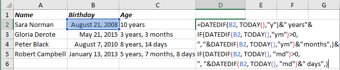 Number of complete years, months and days in the period in Excel 2016