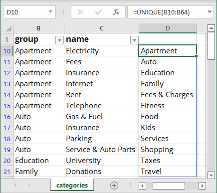 Unique items from the list in Excel 365